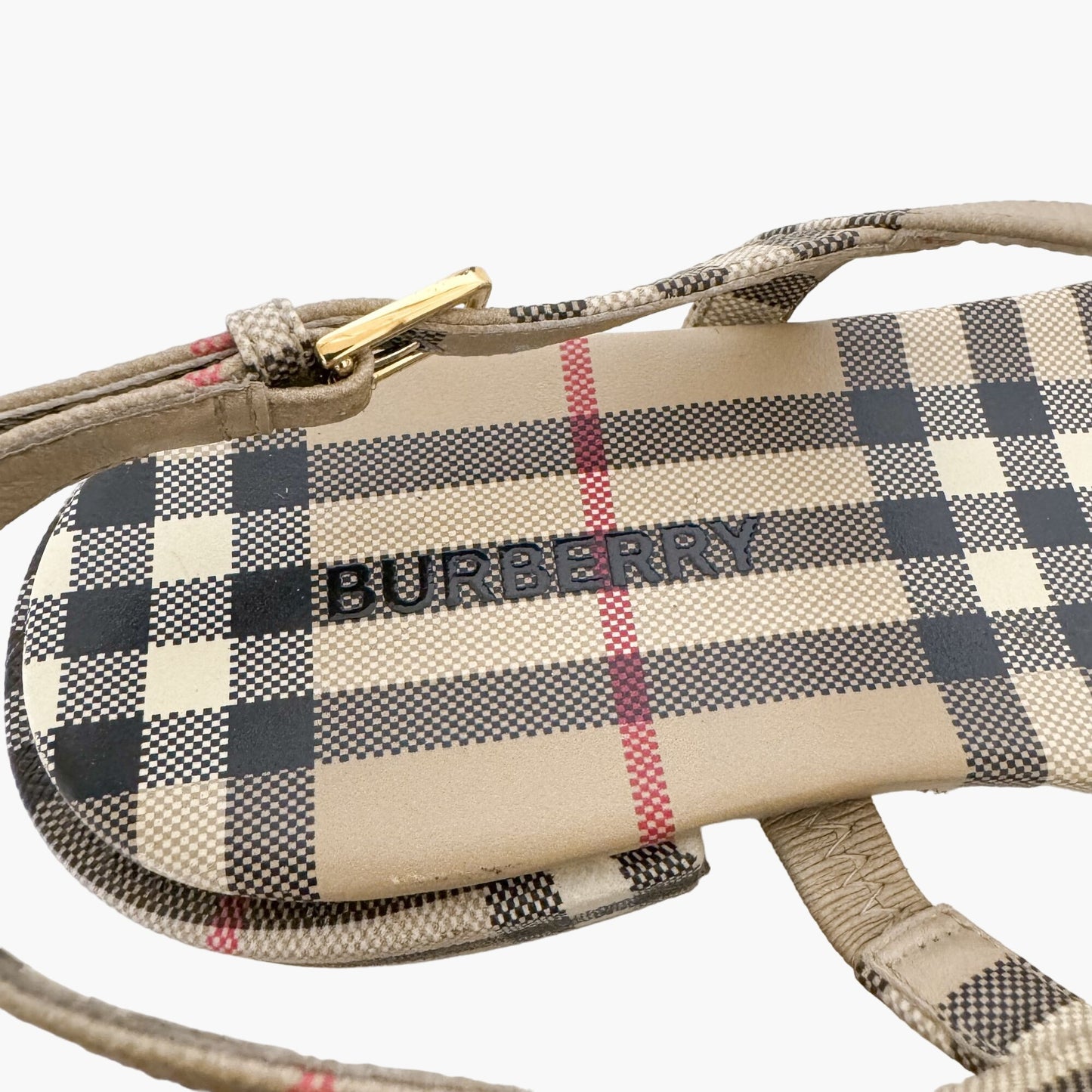 Burberry Emily T-Strap Flat Sandals in Beige Vintage Check Coated Canvas Size 37.5