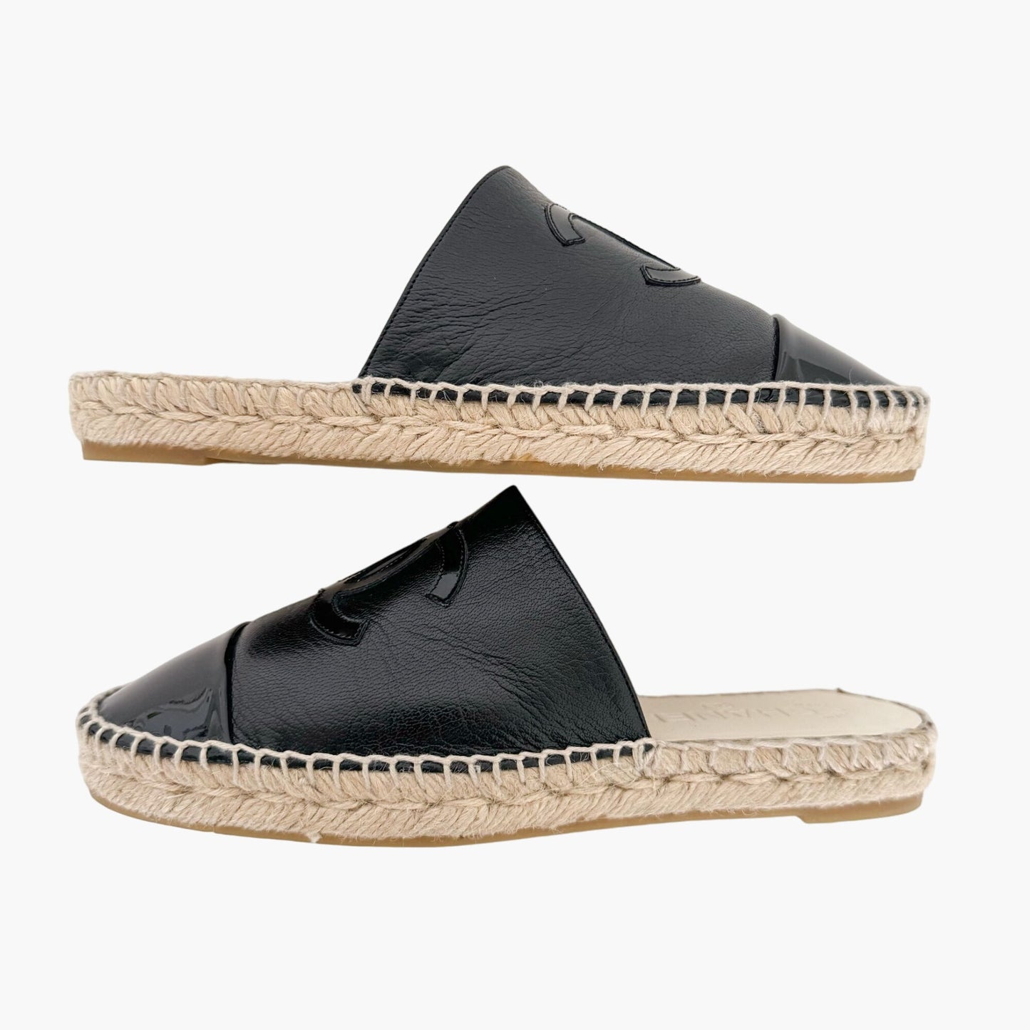 Chanel CC Espadrille Mule Flats in Black Leather Size 37