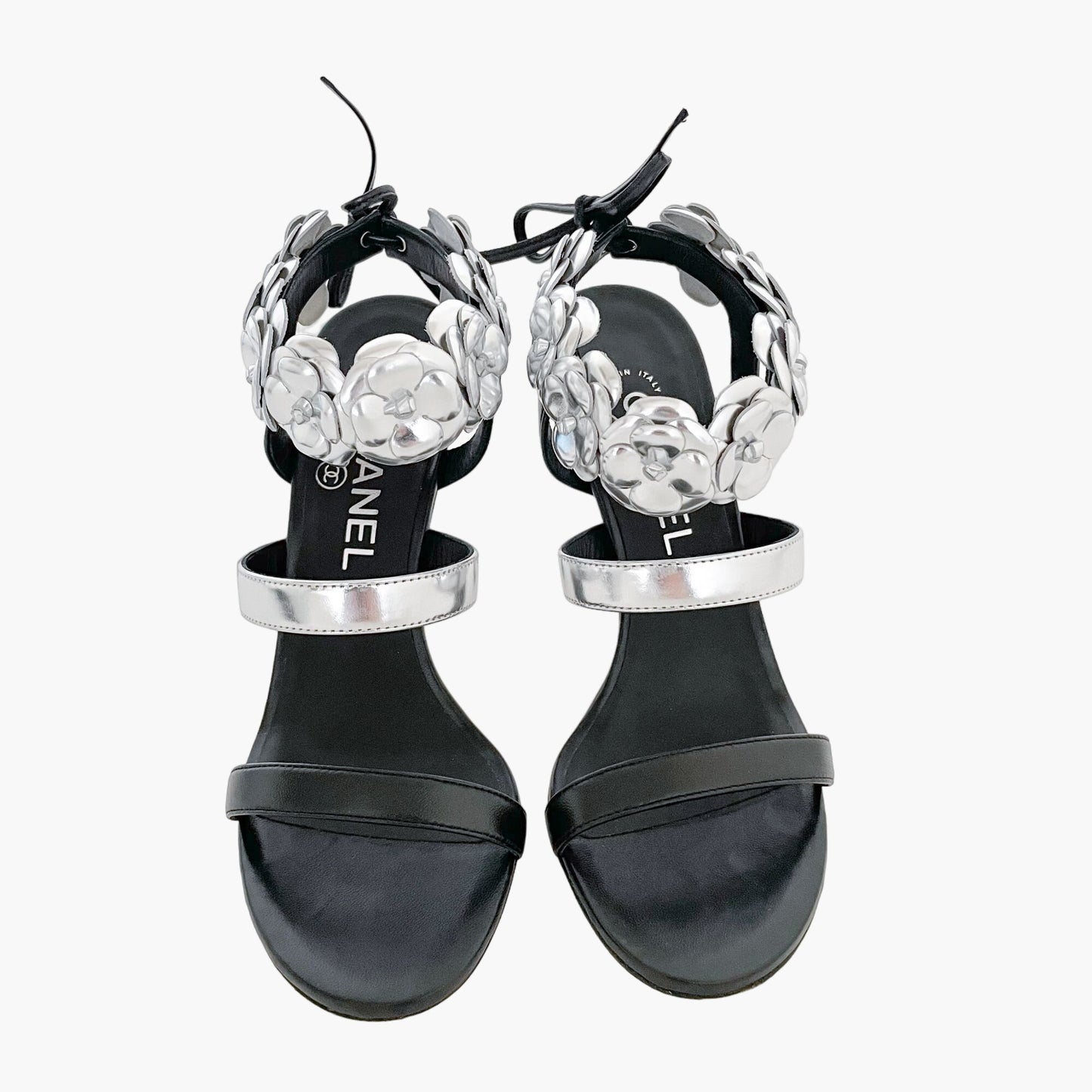 Chanel Camellia Sandals in Black & Silver Size 36.5