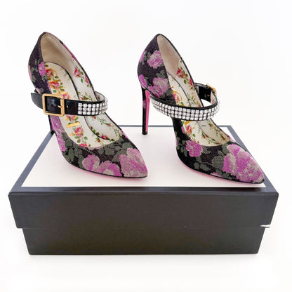 Gucci Sylvie Crystal-Embellished Mary Jane Pump in Black Floral Jacquard Size 36.5