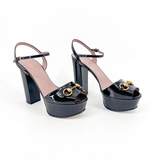 Gucci Claudie Horsebit Platform Heels in Black Patent Leather – Size 38