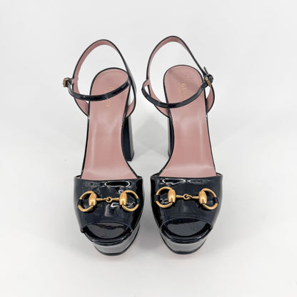 Gucci Claudie Horsebit Platform Heels in Black Patent Leather – Size 38