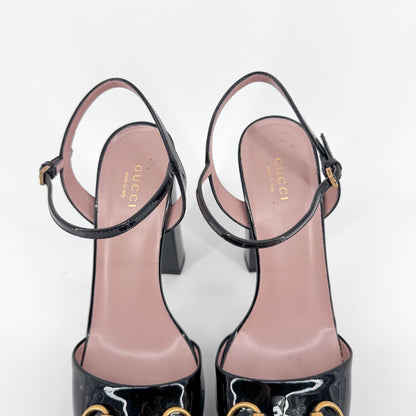 Gucci Claudie Horsebit Platform Heels in Black Patent Leather – Size 38
