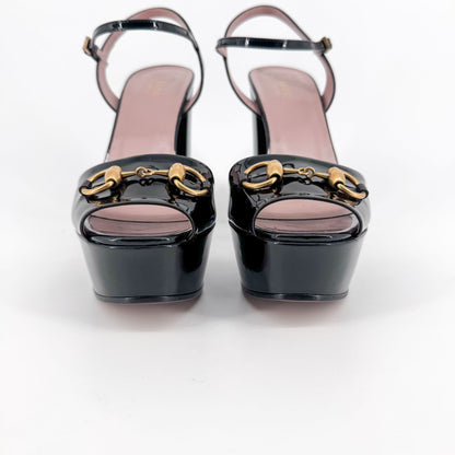 Gucci Claudie Horsebit Platform Heels in Black Patent Leather – Size 38