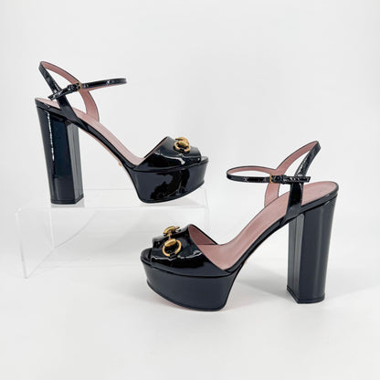 Gucci Claudie Horsebit Platform Heels in Black Patent Leather – Size 38