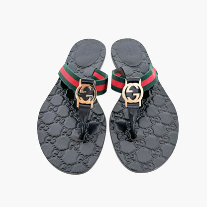 Gucci GG Web Stripe Thong Sandals in Black Size 37.5