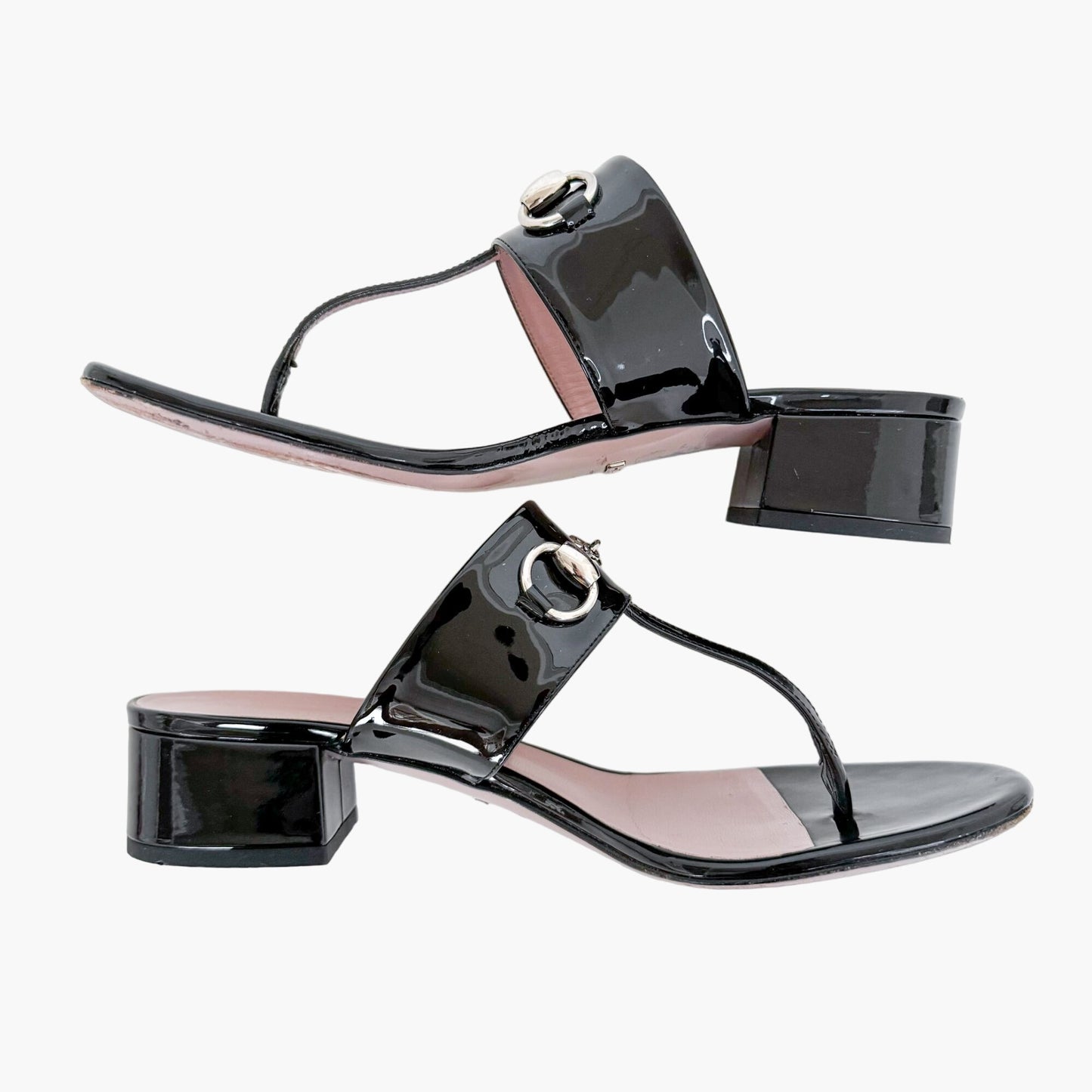 Gucci Lilane Horsebit Low Block Heel Thong Sandals in Black Patent Leather Size 37.5