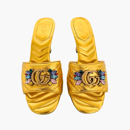 Gucci Crystal-Embellished GG Mules in Gold Matelassé Leather Size 40