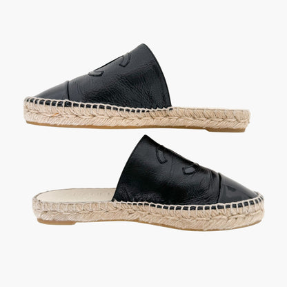 Chanel CC Espadrille Mule Flats in Black Leather Size 37