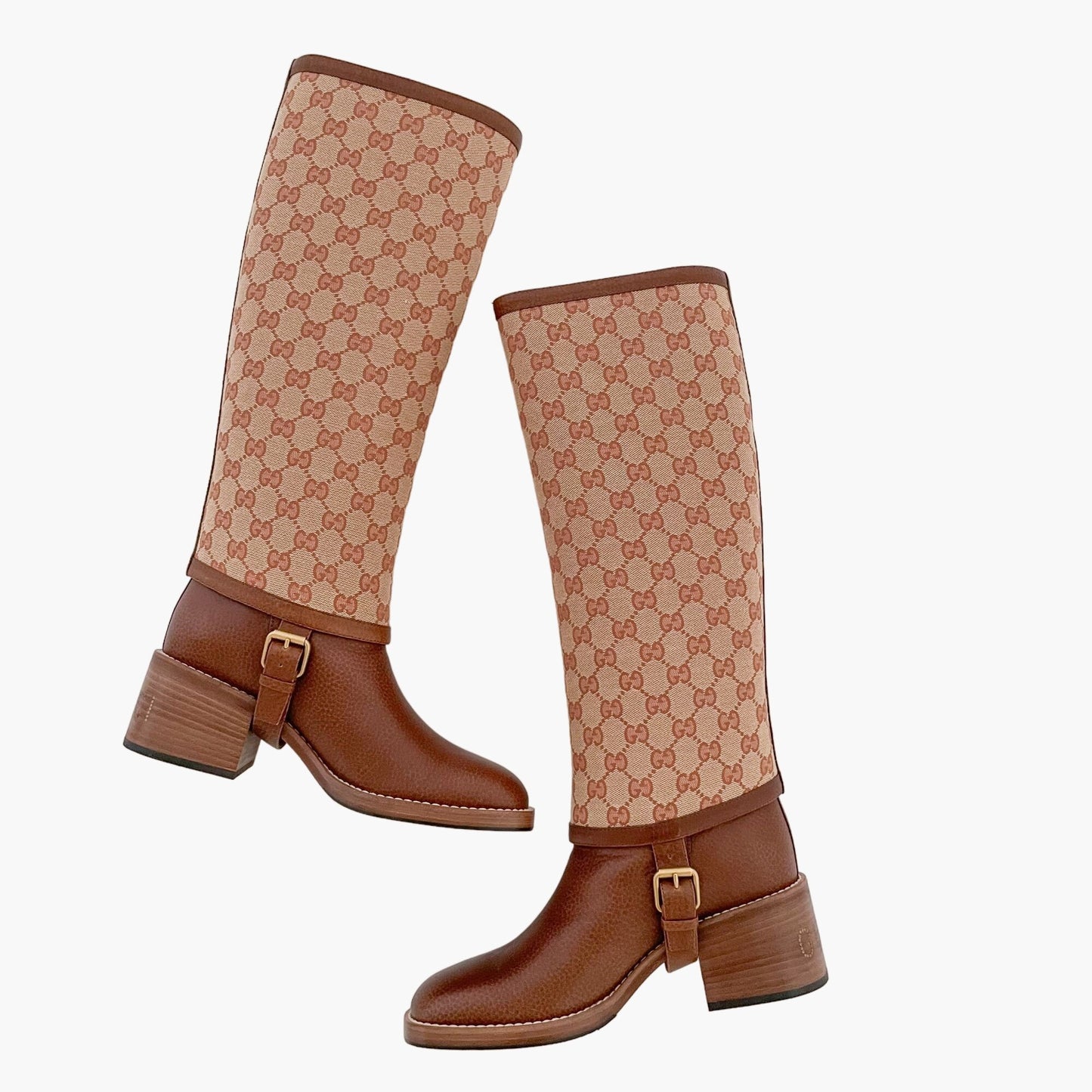 Gucci Lola Riding Boots in Brown Leather / Tan GG Canvas Size 38.5