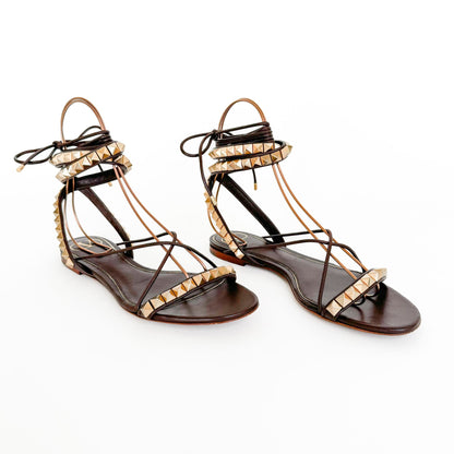 Valentino Garavani Rockstud Wrap Sandals in Brown Leather Size 38