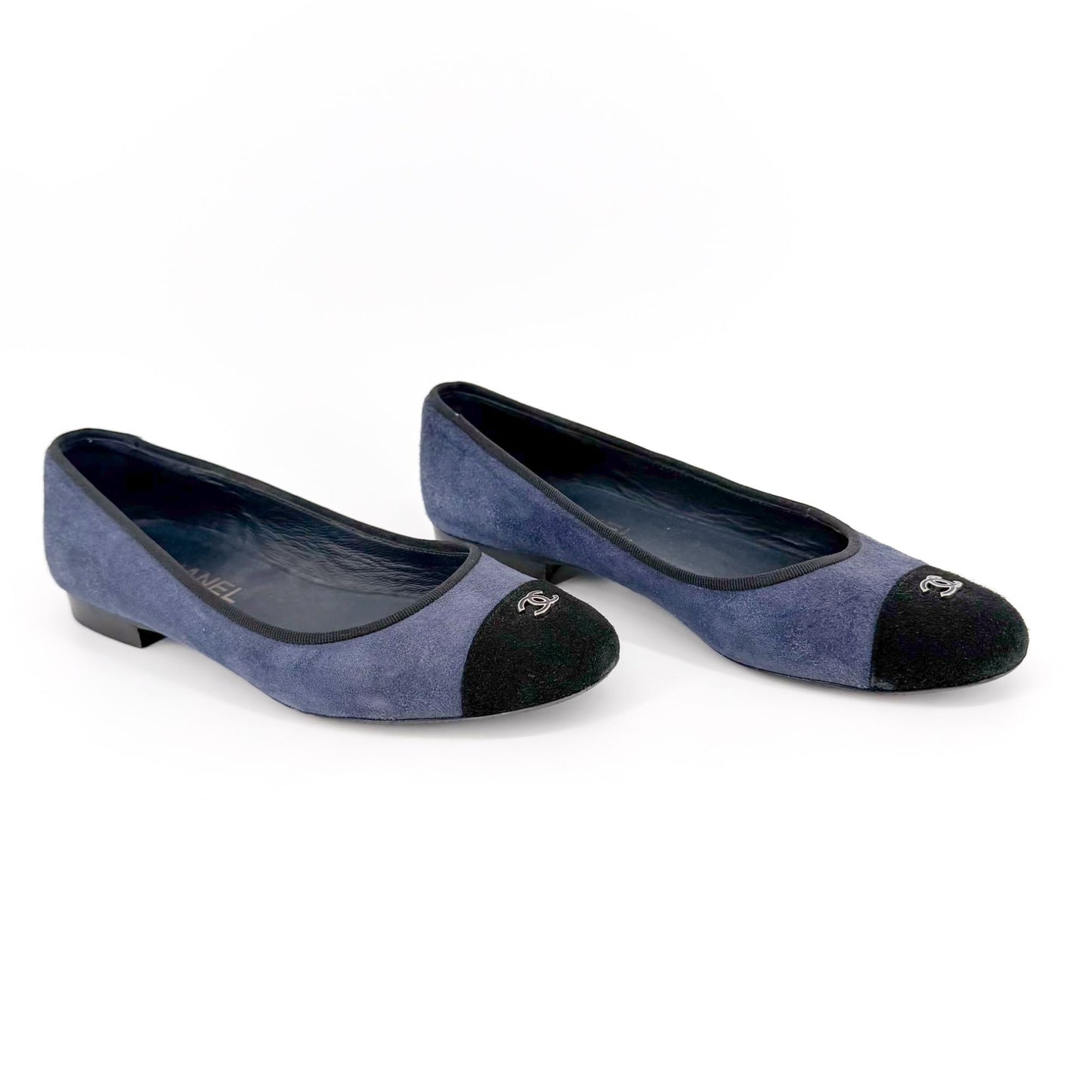 Chanel CC Cap Toe Suede Ballet Flats Blue Size 38.5