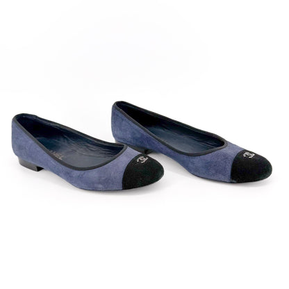 Chanel CC Cap Toe Suede Ballet Flats Blue Size 38.5