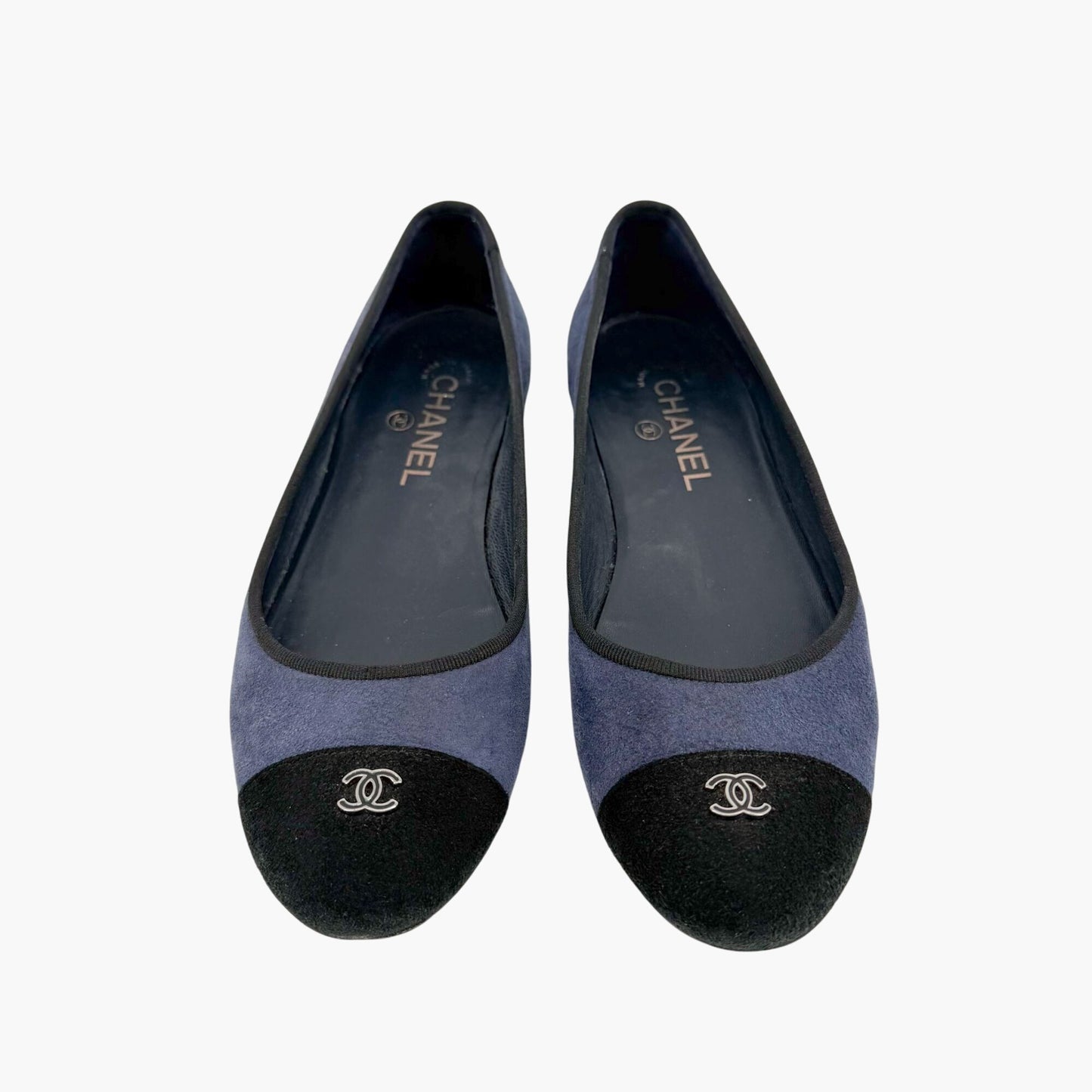 Chanel CC Cap Toe Suede Ballet Flats Blue Size 38.5