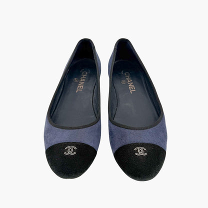 Chanel CC Cap Toe Suede Ballet Flats Blue Size 38.5