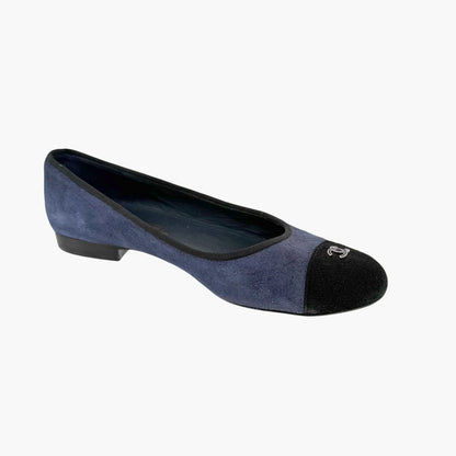 Chanel CC Cap Toe Suede Ballet Flats Blue Size 38.5