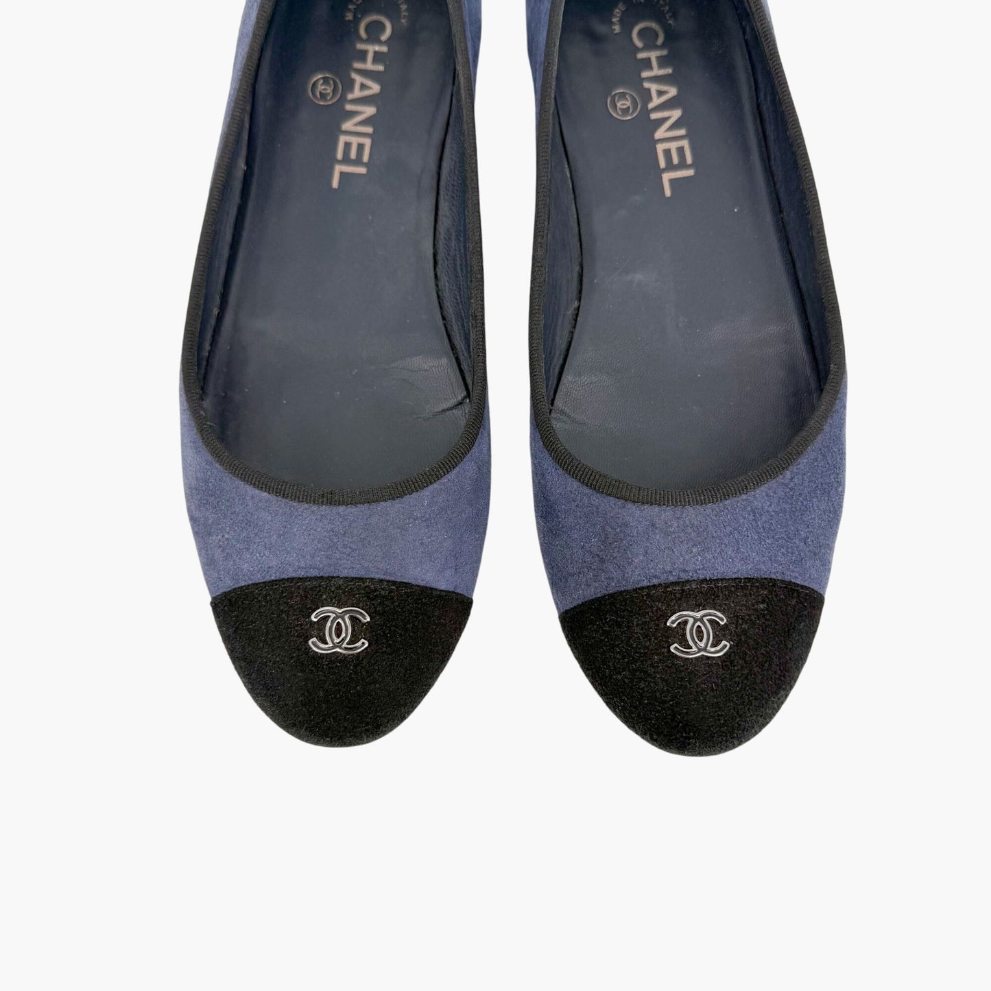 Chanel CC Cap Toe Suede Ballet Flats Blue Size 38.5