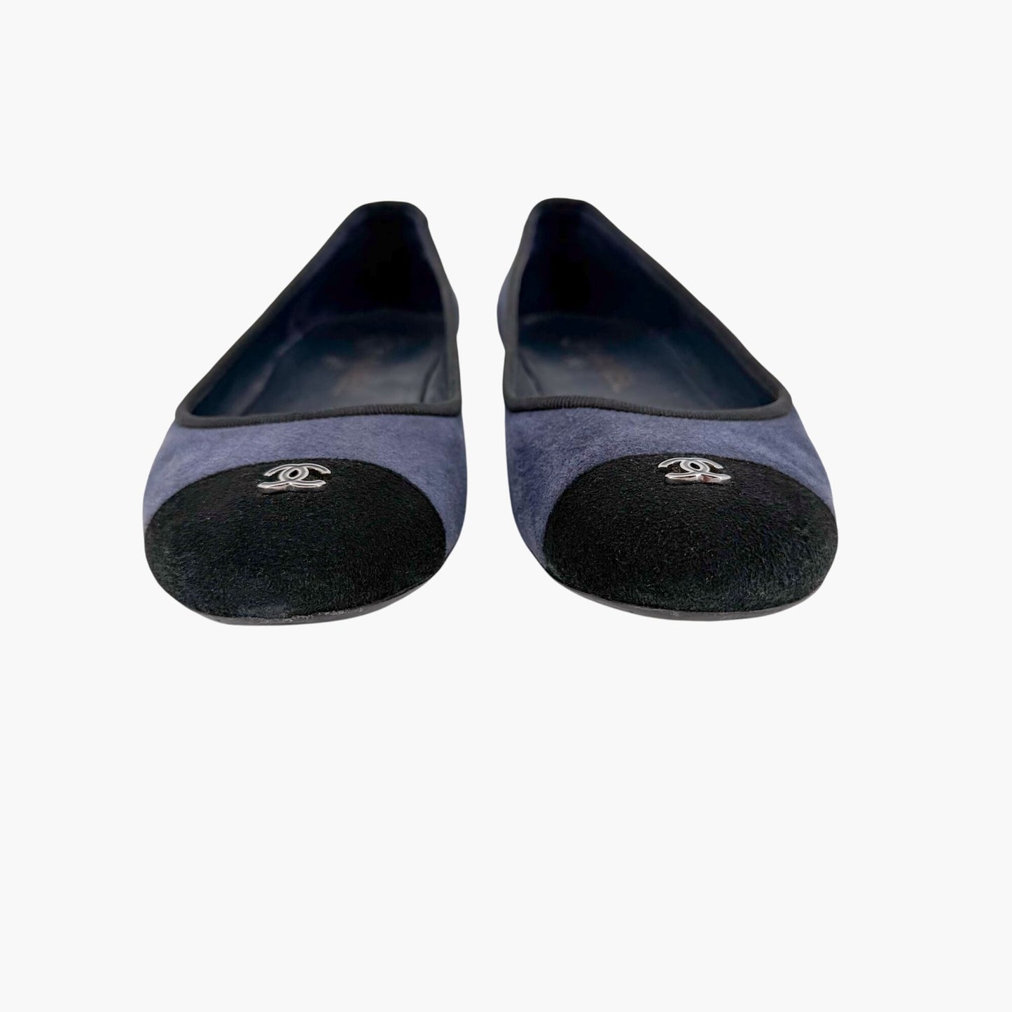 Chanel CC Cap Toe Suede Ballet Flats Blue Size 38.5