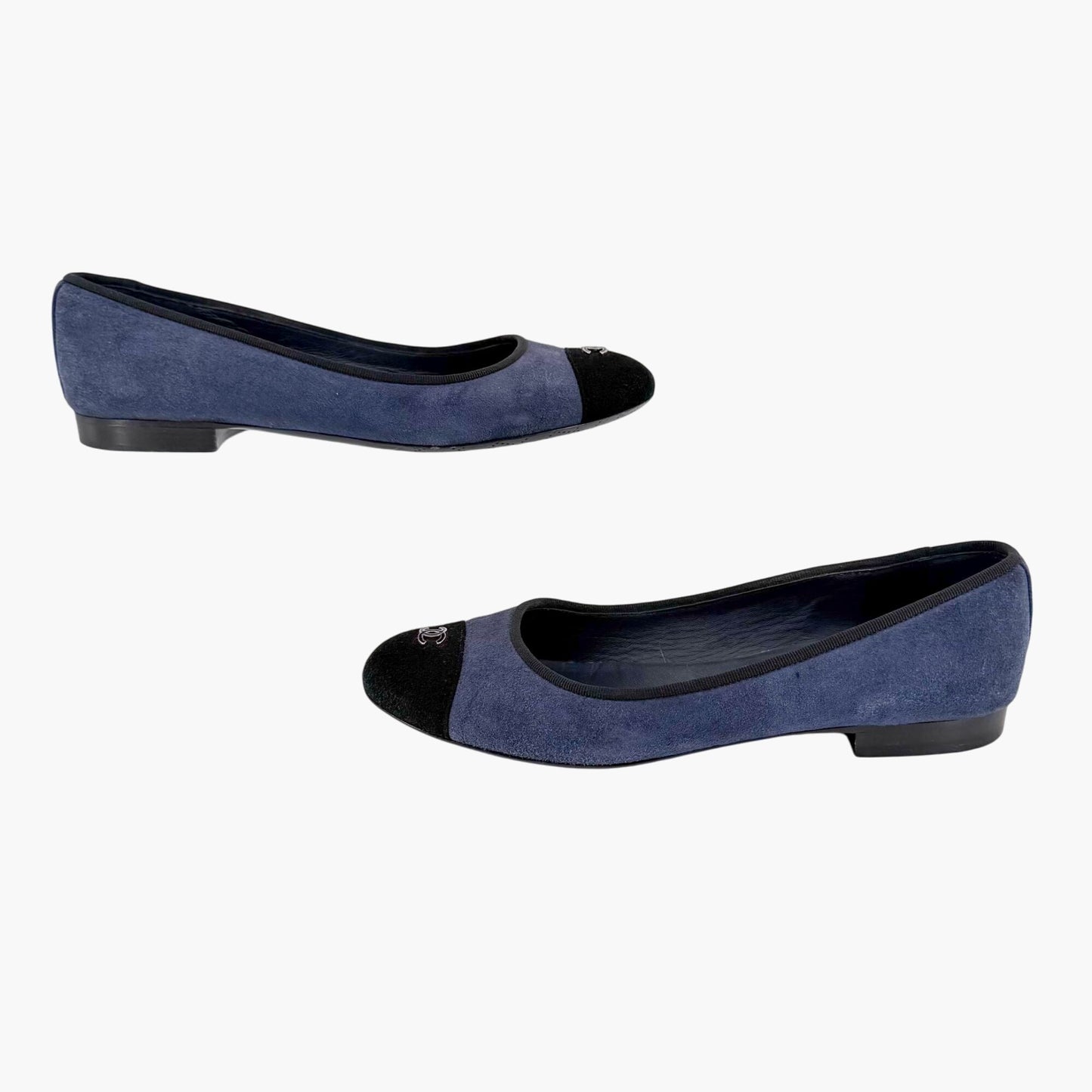 Chanel CC Cap Toe Suede Ballet Flats Blue Size 38.5
