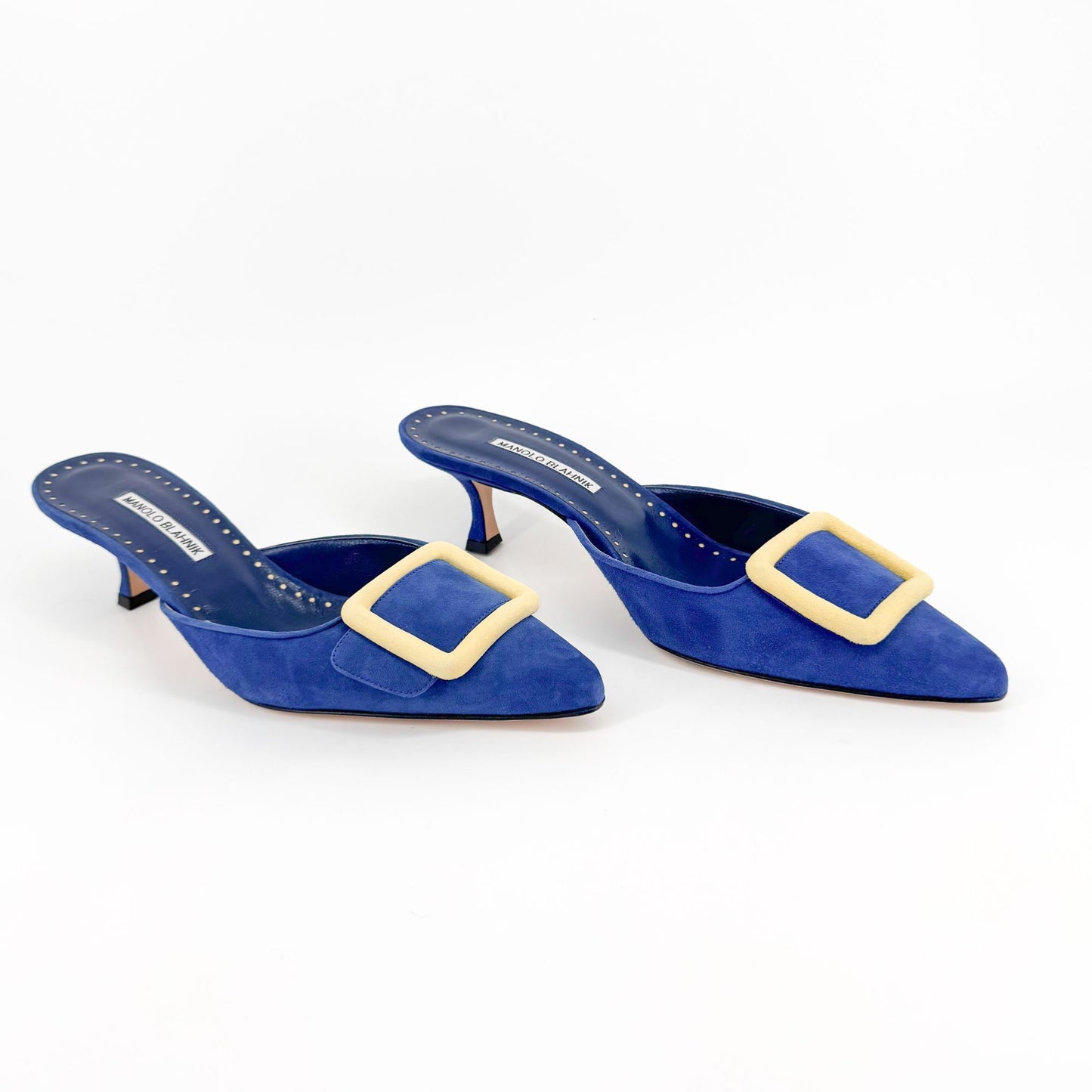 Manolo Blahnik Maysalebi Suede Kitten Heel Mules in Blue – Size 41
