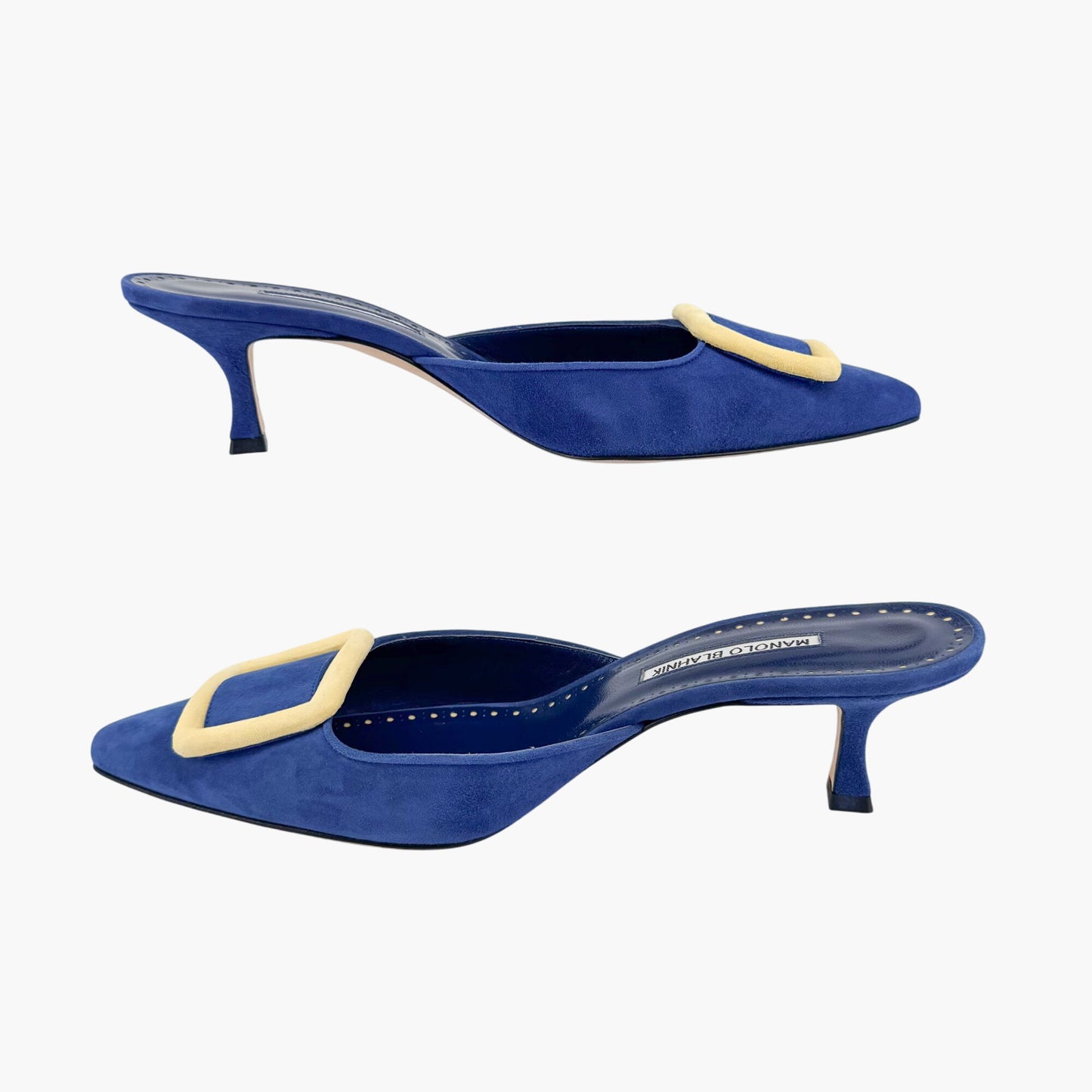 Manolo Blahnik Maysalebi Suede Kitten Heel Mules in Blue – Size 41