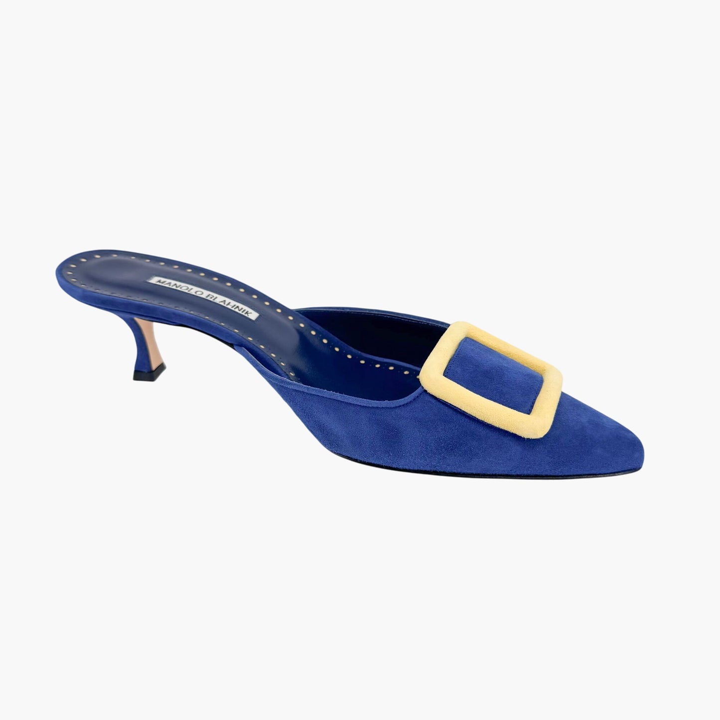 Manolo Blahnik Maysalebi Suede Kitten Heel Mules in Blue – Size 41