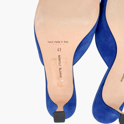 Manolo Blahnik Maysalebi Suede Kitten Heel Mules in Blue – Size 41