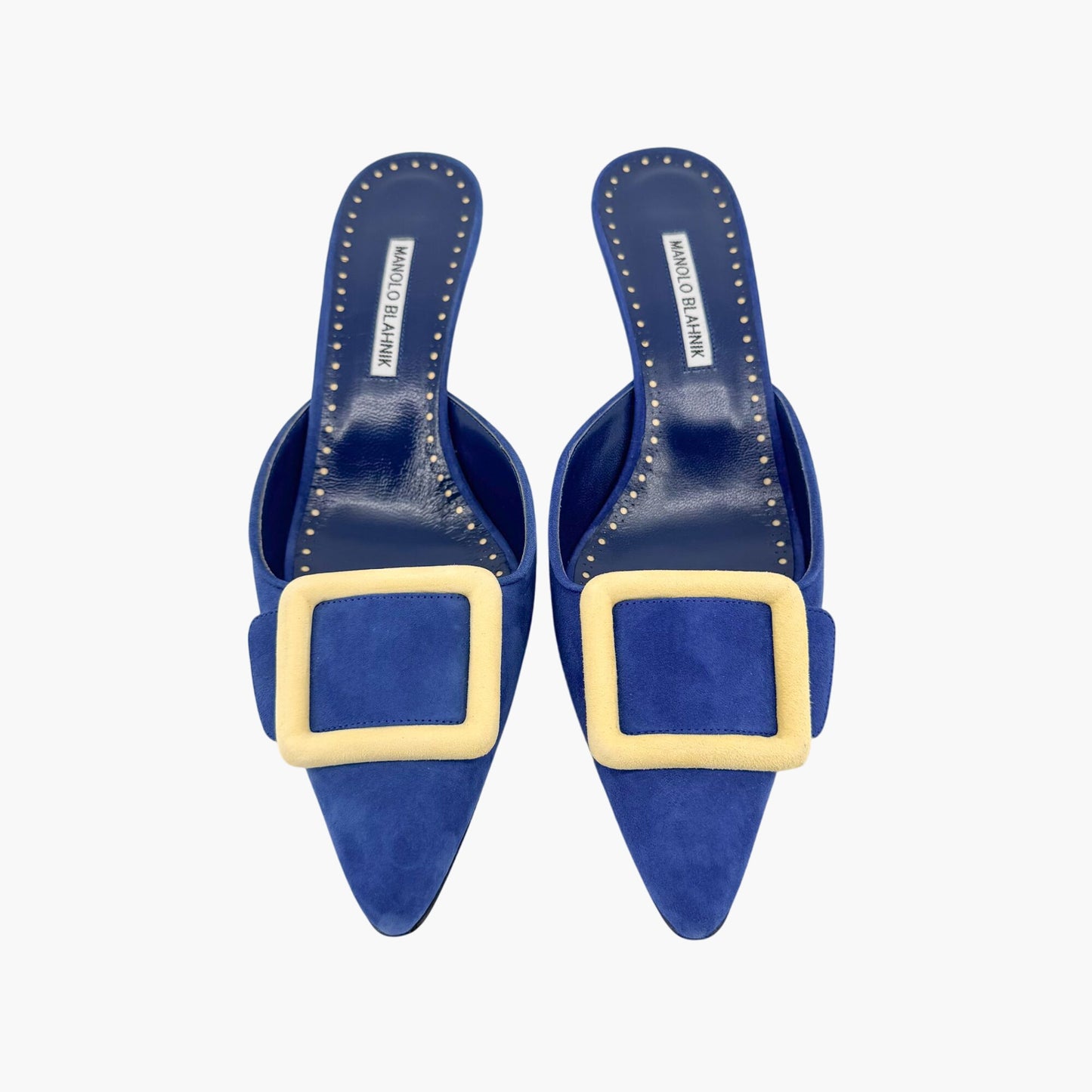 Manolo Blahnik Maysalebi Suede Kitten Heel Mules in Blue – Size 41