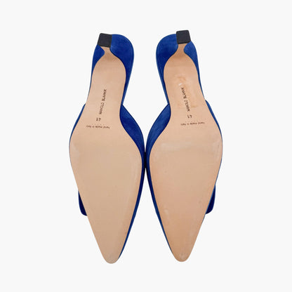Manolo Blahnik Maysalebi Suede Kitten Heel Mules in Blue – Size 41