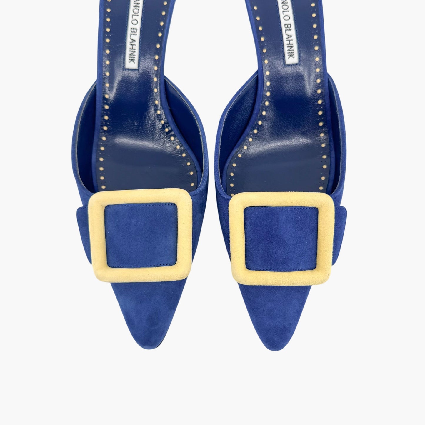 Manolo Blahnik Maysalebi Suede Kitten Heel Mules in Blue – Size 41