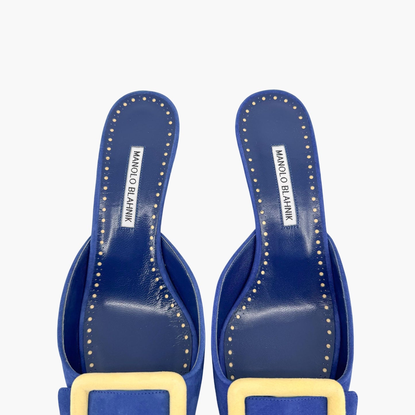 Manolo Blahnik Maysalebi Suede Kitten Heel Mules in Blue – Size 41