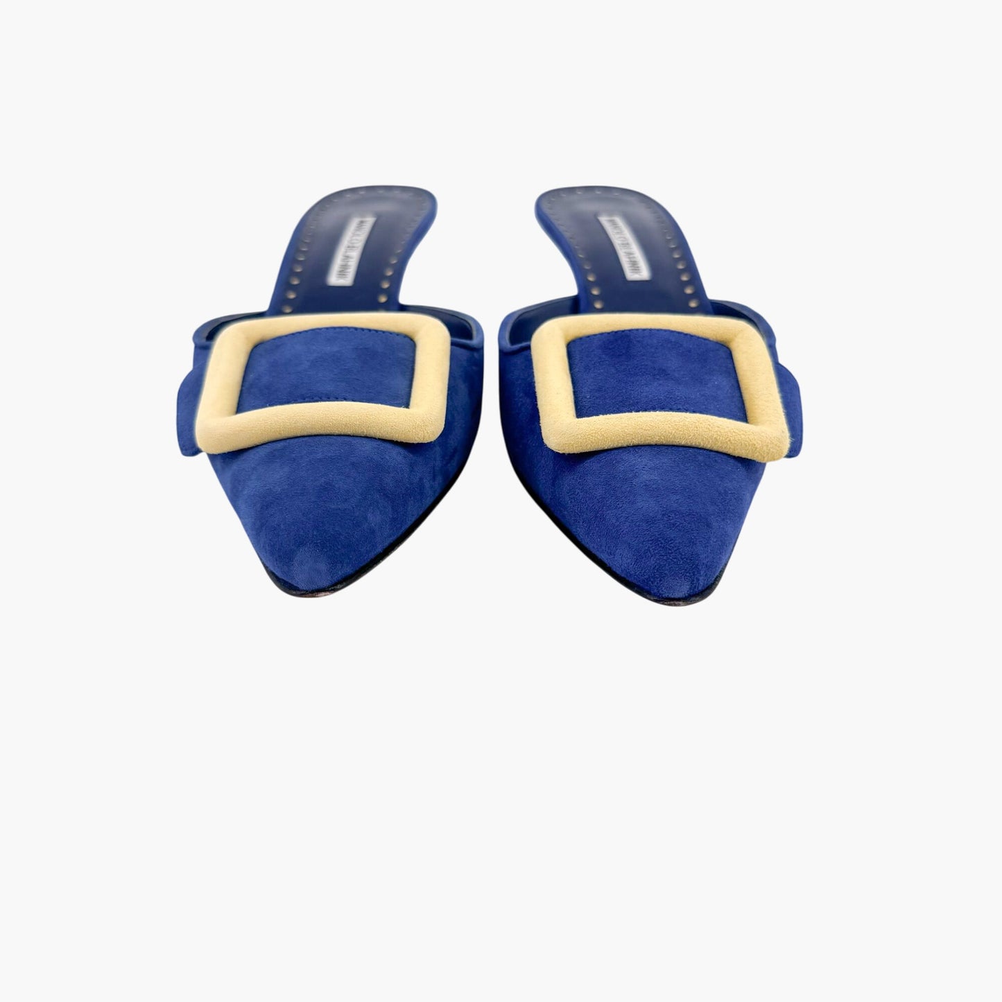 Manolo Blahnik Maysalebi Suede Kitten Heel Mules in Blue – Size 41