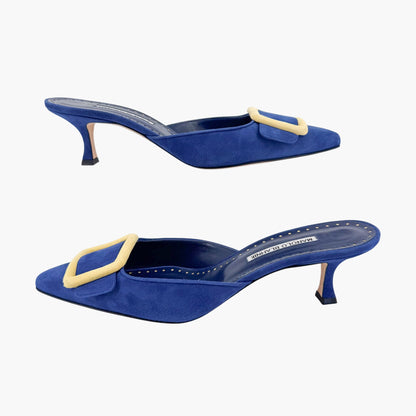 Manolo Blahnik Maysalebi Suede Kitten Heel Mules in Blue – Size 41