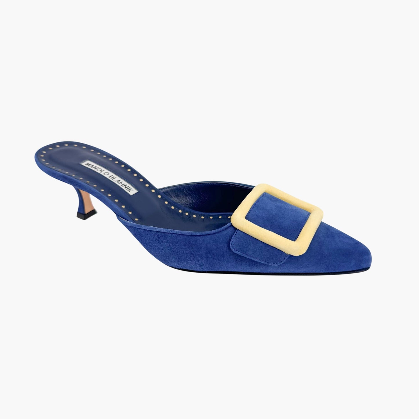 Manolo Blahnik Maysalebi Suede Kitten Heel Mules in Blue – Size 41