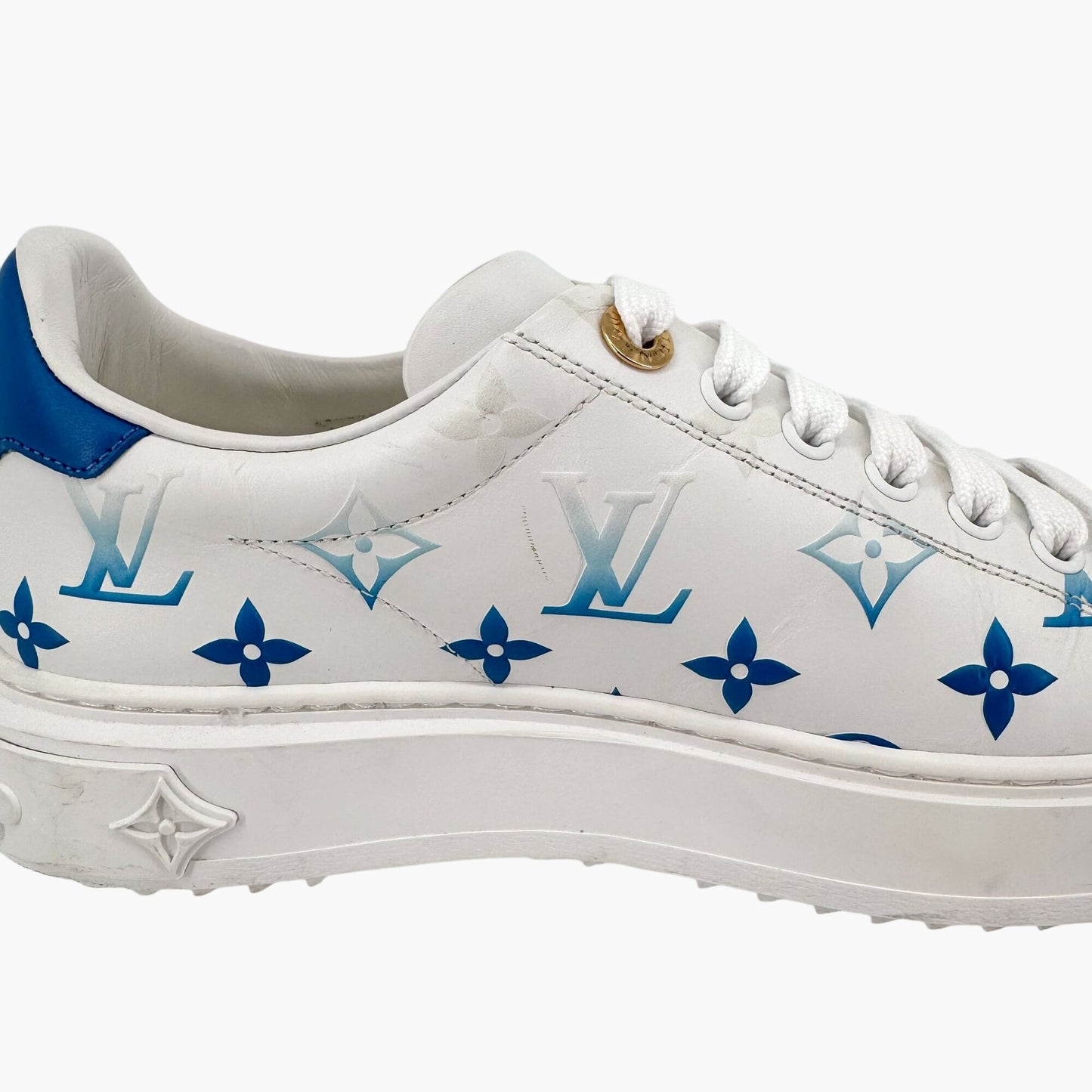 Louis Vuitton Time Out Ombre LV Sneakers in White & Blue Leather – Size 37
