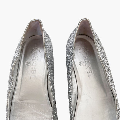 Chanel Glitter Camellia Crystal Flats in Silver Size 38