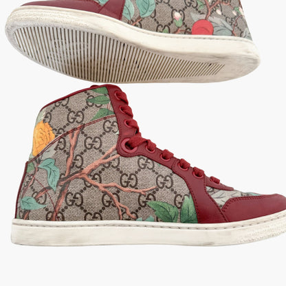 Gucci Tian High Top Sneakers in Floral GG Monogram Canvas & Red Leather Size 36