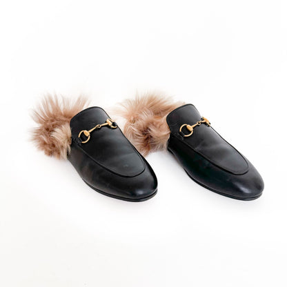 Gucci Princetown Horsebit Fur-Lined Mule in Black Leather Size 38