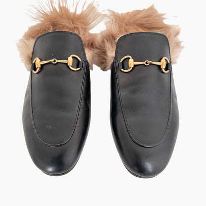 Gucci Princetown Horsebit Fur-Lined Mule in Black Leather Size 38