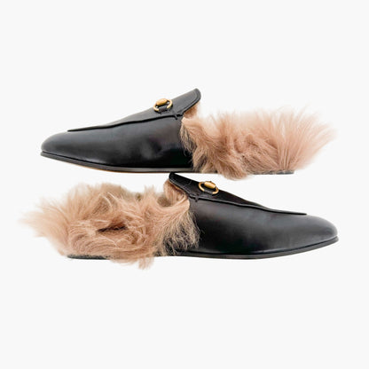 Gucci Princetown Horsebit Fur-Lined Mule in Black Leather Size 38