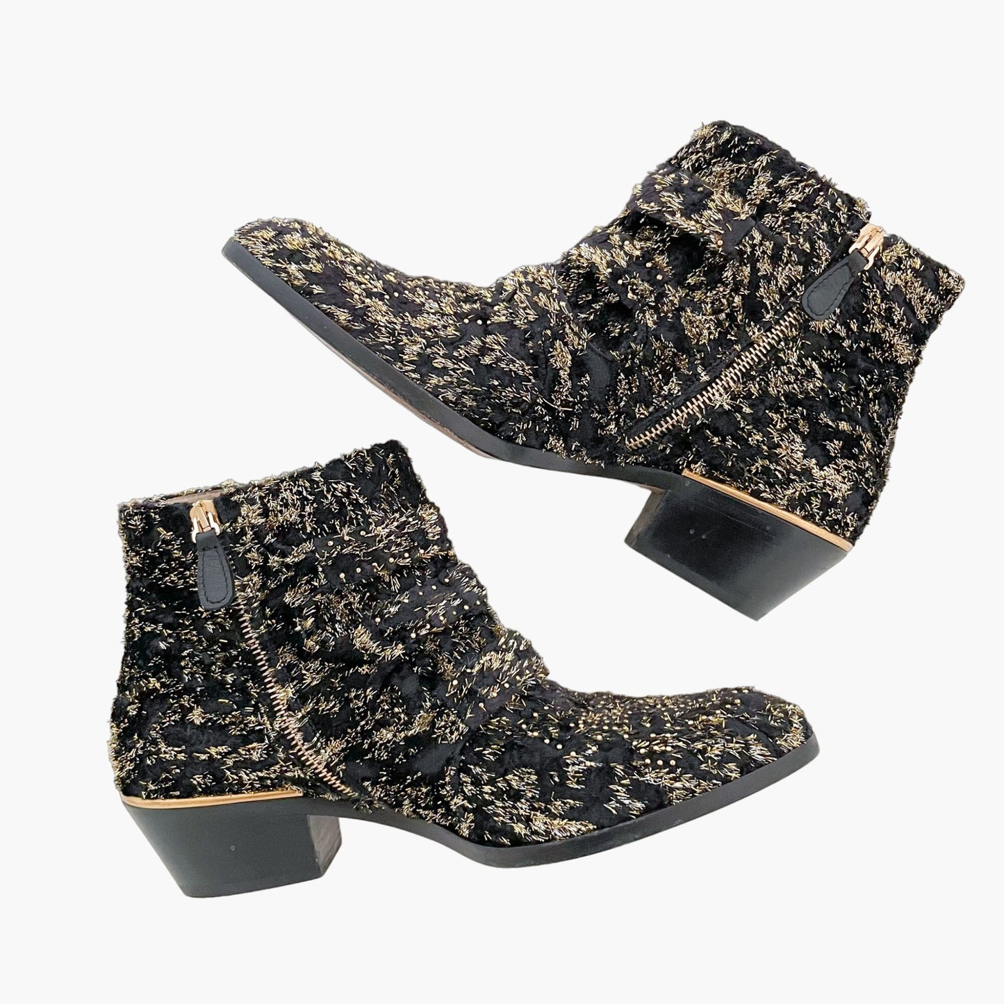 Chloé Susanna Short Boots in Black and Metallic Silver/Gold Velvet Size 37.5
