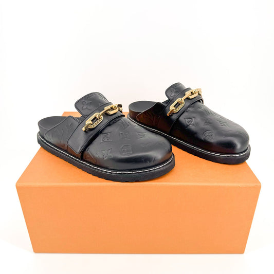 Louis Vuitton Cosy Flat Clog in Black LV Monogram Leather Size 38