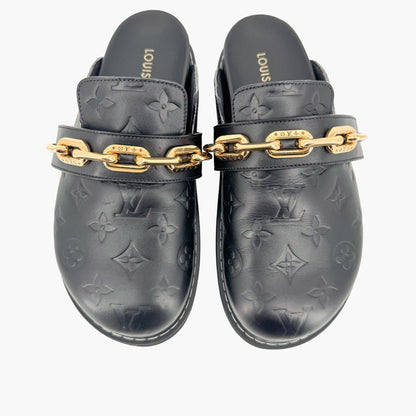 Louis Vuitton Cosy Flat Clog in Black LV Monogram Leather Size 38