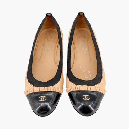 Chanel CC Cap Toe Ruffle Ballet Flats Beige Size 39.5
