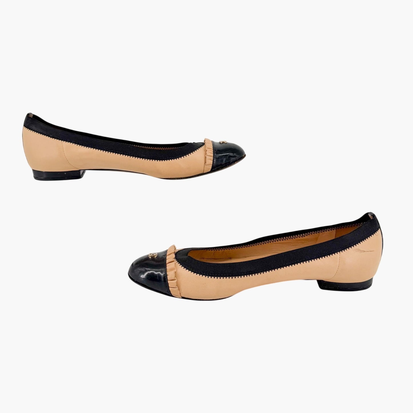 Chanel CC Cap Toe Ruffle Ballet Flats Beige Size 39.5