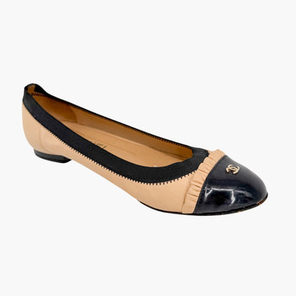Chanel CC Cap Toe Ruffle Ballet Flats Beige Size 39.5