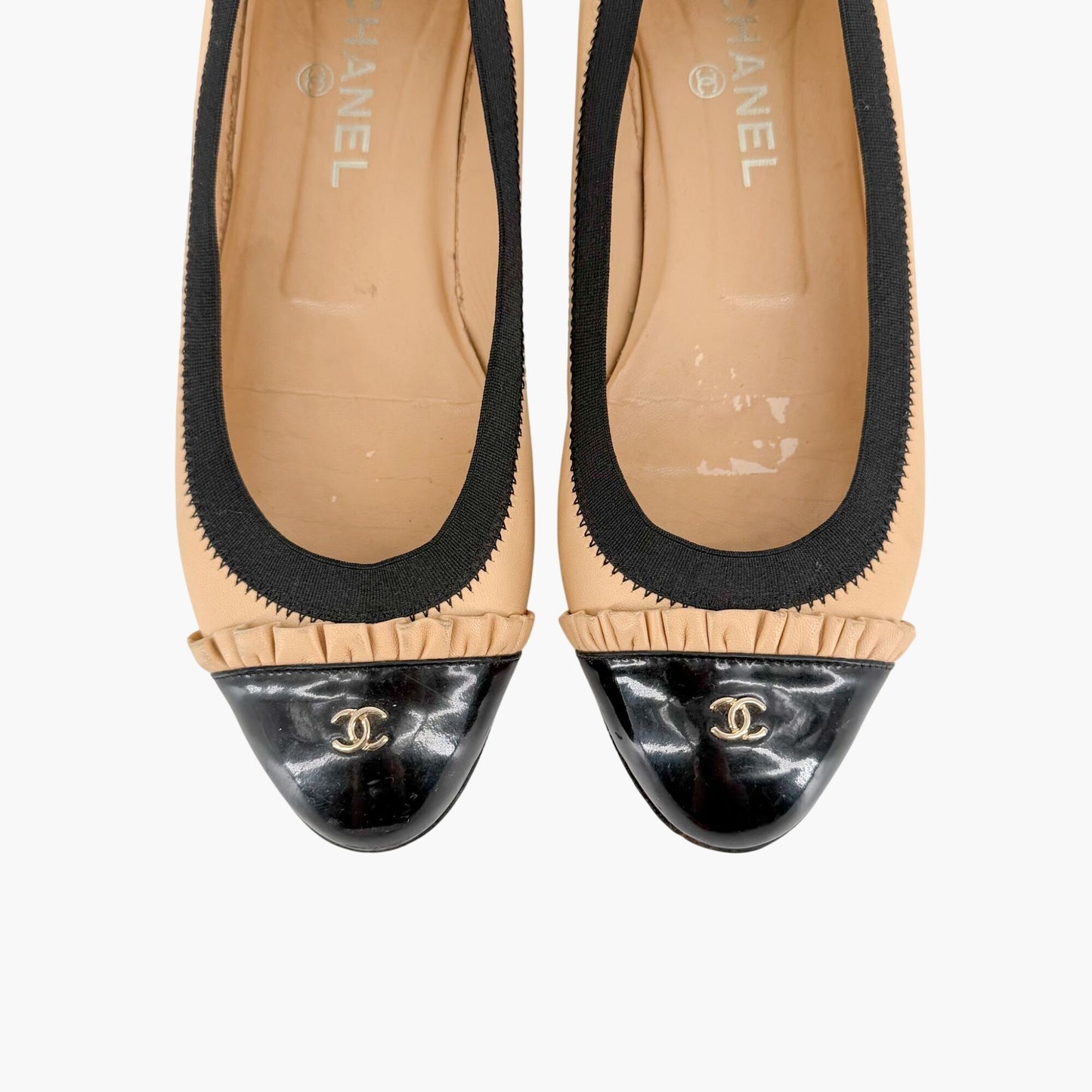 Chanel CC Cap Toe Ruffle Ballet Flats Beige Size 39.5