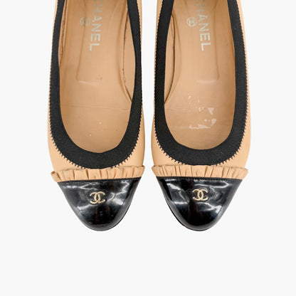 Chanel CC Cap Toe Ruffle Ballet Flats Beige Size 39.5