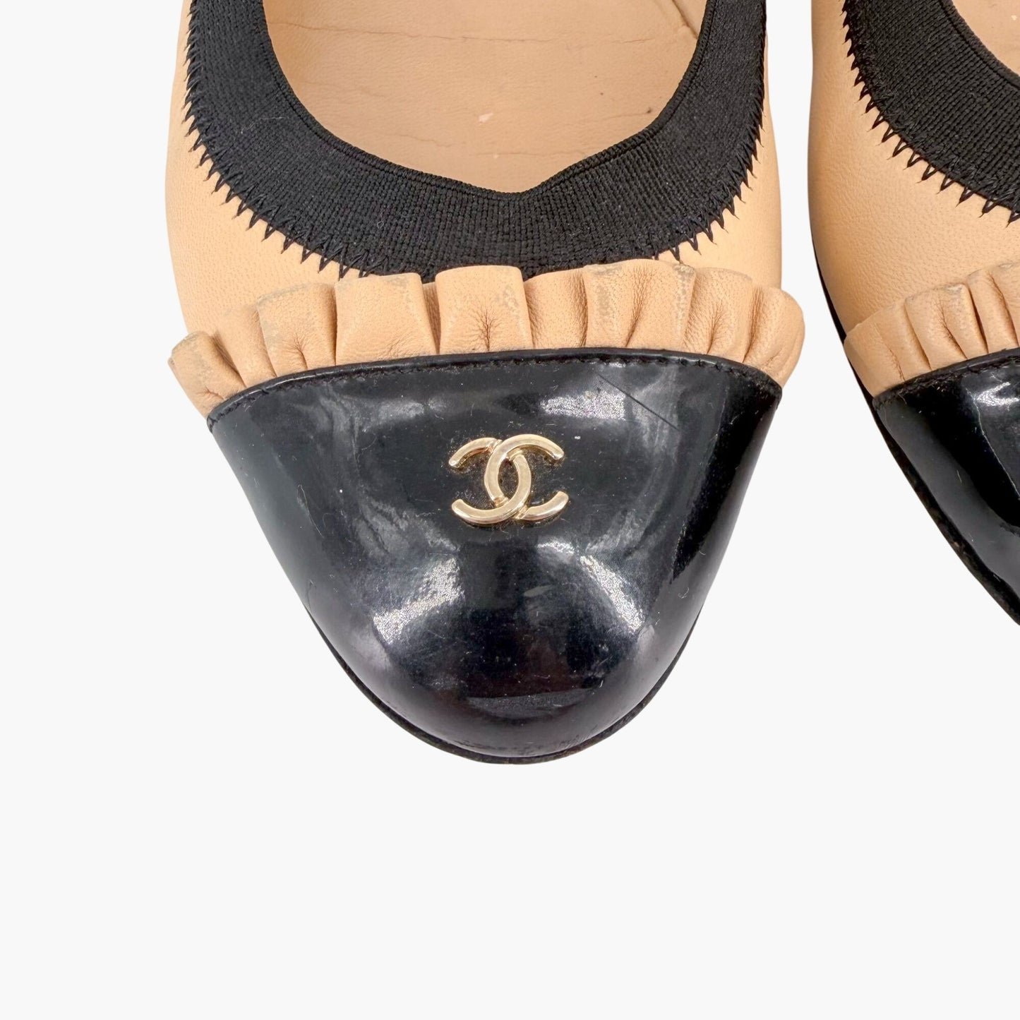 Chanel CC Cap Toe Ruffle Ballet Flats Beige Size 39.5