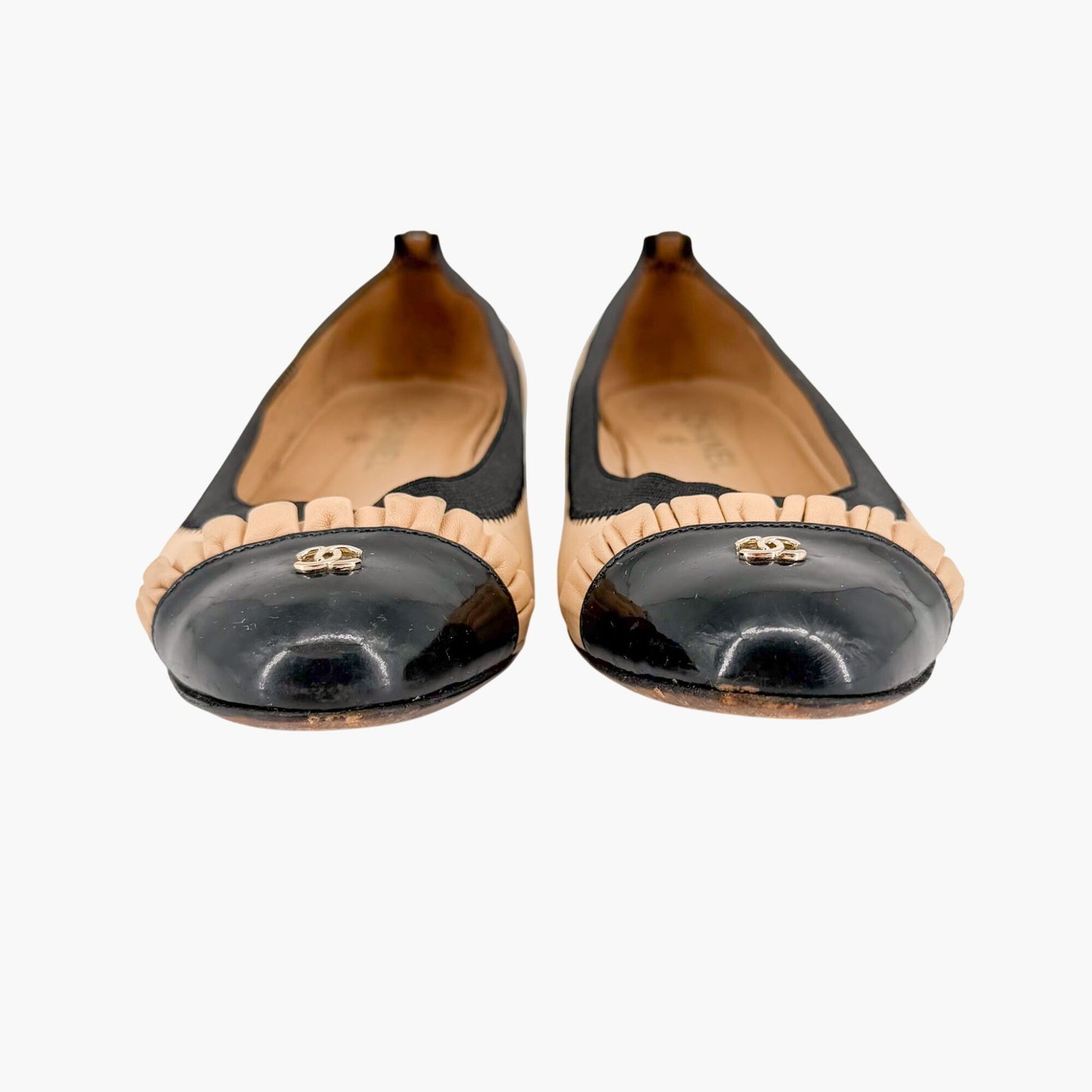 Chanel CC Cap Toe Ruffle Ballet Flats Beige Size 39.5